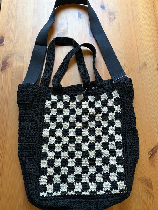 The Sak Handbags - The Sak Lanie Market Tote Bag Black & Cream Crochet Checkered Checkerboard